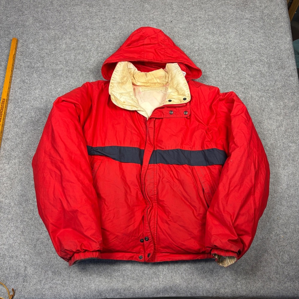 Vintage Nautica Puffer Jacket Red Navy Blue Stripe Hooded Winter Coat Mens L